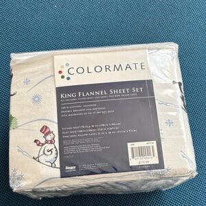 Colormate King Flannel Sheet Set - White with Red and Blue Snowman Design